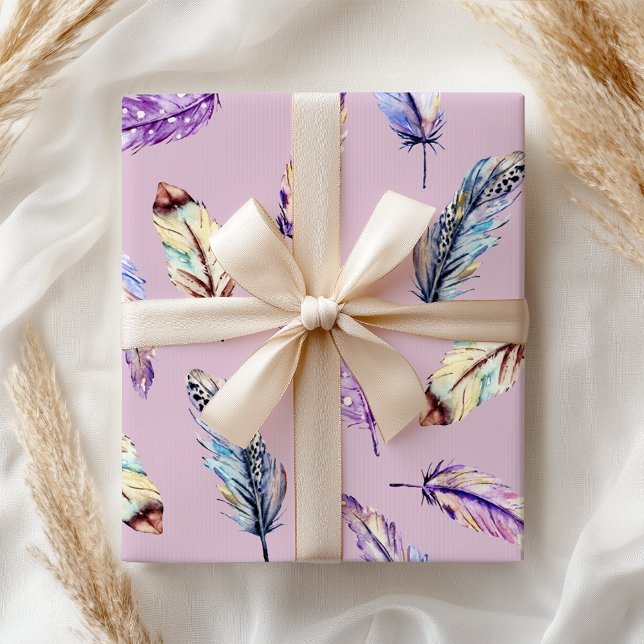 Boho Purple Blue Pink Feather Wrapping Paper (Creator Uploaded)