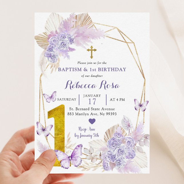 Boho Purple Butterfly Baptism and 1st Birthday Invitation (Creator Uploaded)