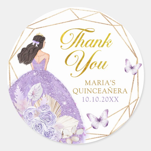 Boho Purple Butterfly Floral 15 Años Thank You Classic Round Sticker (Front)