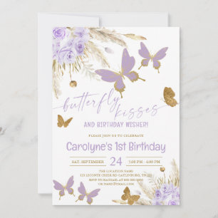 Boho Purple Butterfly Kisses and Birthday Wishes Invitation