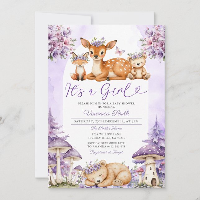 Boho Purple Deer Woodland Girl Baby Shower Floral Invitation (Front)