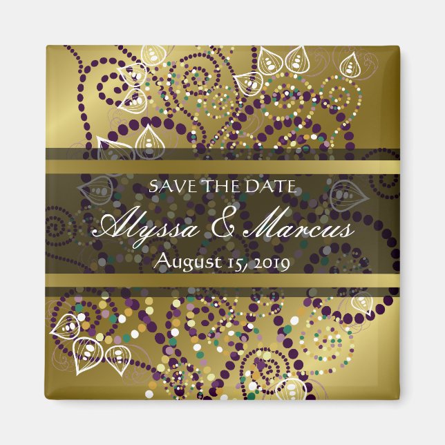 Boho Purple Dotted Spirals Chic Gold Save The Date Magnet (Front)