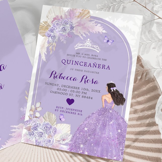 Boho Purple Dress Princess Floral Quinceañera Invitation (Creator Uploaded)