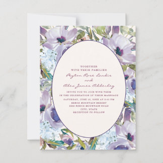 Boho Purple Dusty Blue Watercolor Floral Wedding Invitation