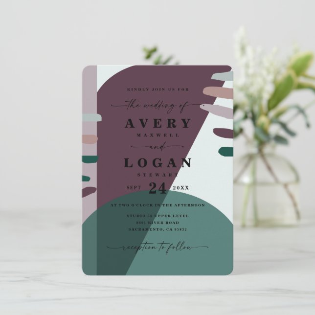 Boho Purple & Emerald Green Abstract Shape Wedding Invitation (Standing Front)