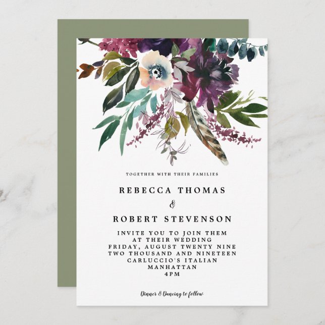 boho purple feather floral wildfllower wedding invitation (Front/Back)