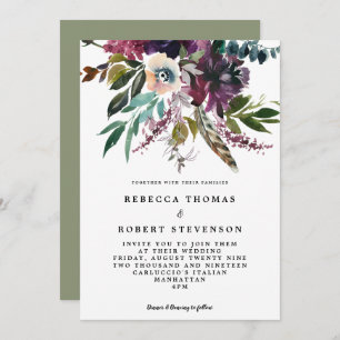 boho purple feather floral wildfllower wedding invitation