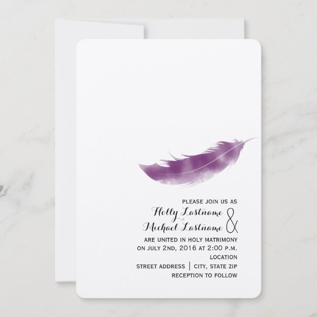 Boho Purple Feather Wedding Invitation (Front)