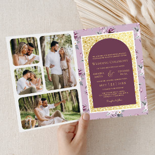 Boho Purple Floral All in One Gold Indian Wedding Invitation