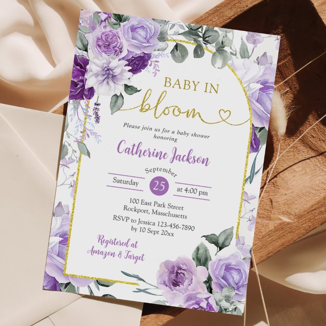 Boho Purple Floral Baby in Bloom Baby Shower Invitation (Creator Uploaded)