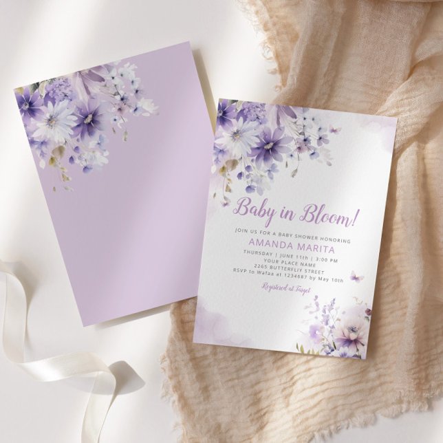 Boho Purple Floral Baby in Bloom Girl Baby Shower Invitation (Creator Uploaded)