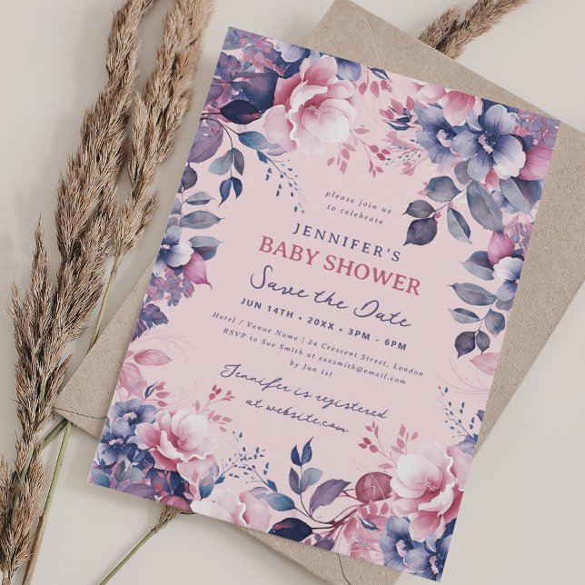 Boho Purple Floral Baby Shower Save Date Blush Invitation (Boho Purple Floral Baby Shower Save Date Blush Invitation)