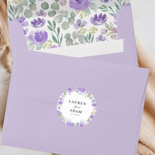 Boho Purple Floral Couples Names  Wedding Classic Round Sticker