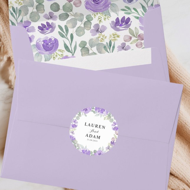 Boho Purple Floral Couples Names  Wedding Classic Round Sticker (Creator Uploaded)
