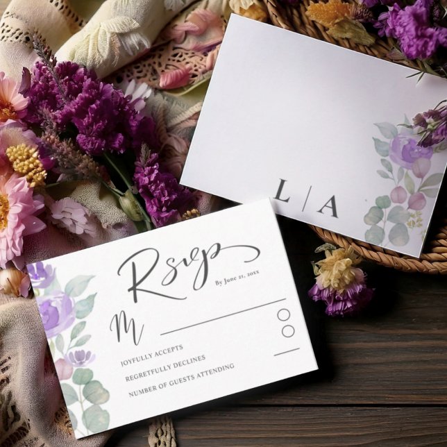 Boho Purple Floral Eucalyptus Wedding RSVP Card (Creator Uploaded)