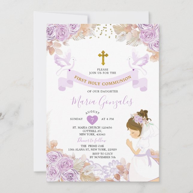 Boho Purple Floral Girl First Holy Communion Invitation (Front)