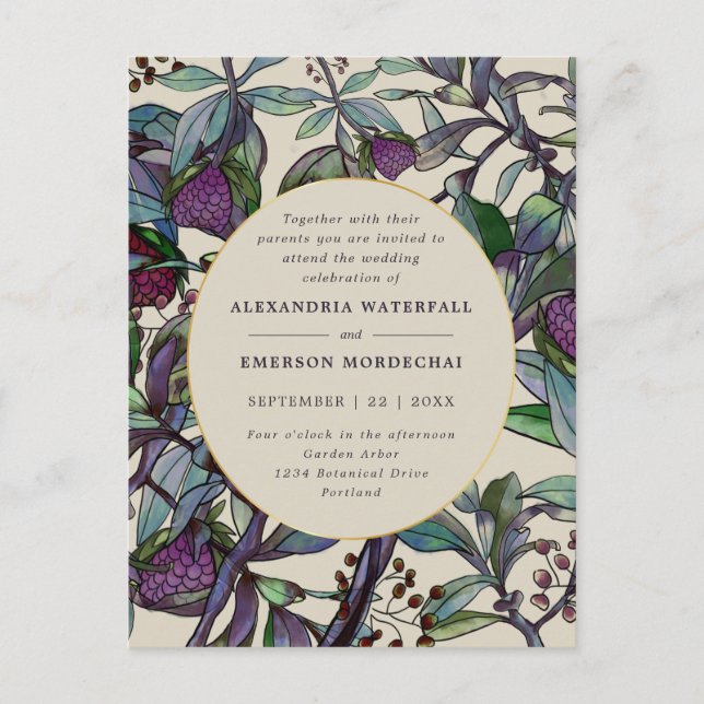 Boho purple floral green leaf wedding invitation postcard (Front)