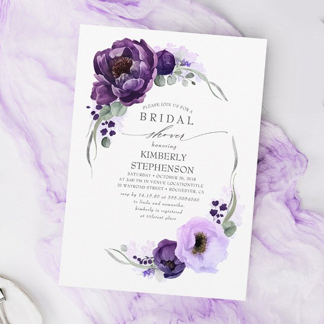 Boho Purple Floral Royal Bridal Shower Invitation (Creator Uploaded)