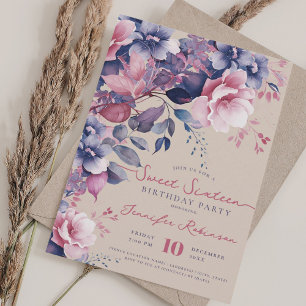 Boho Purple Floral Sweet 16 Birthday Champagne Invitation
