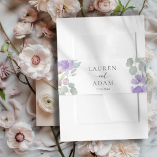 Boho Purple Floral Watercolor Wedding  Invitation Belly Band
