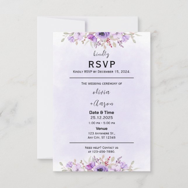 Boho Purple Floral Wedding RSVP Cards (Front)