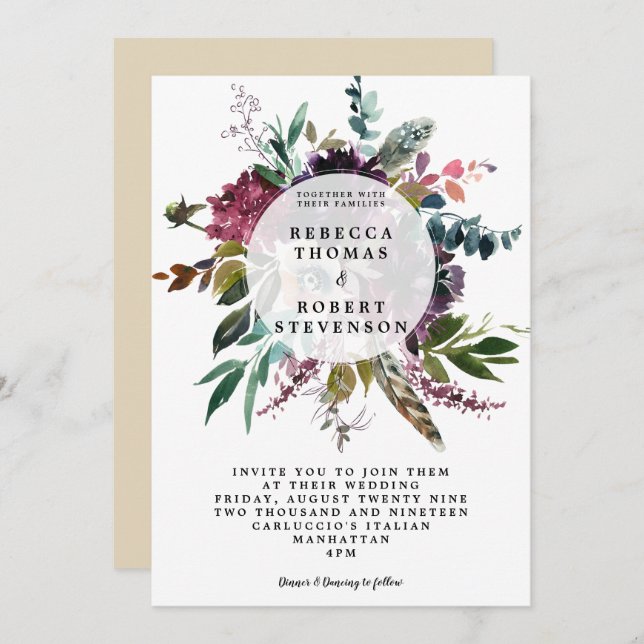 boho purple floral wildfllower wedding invitation (Front/Back)