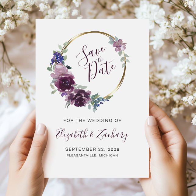 Boho Purple Floral Wreath Gold Frame Save the Date Invitation (Creator Uploaded)