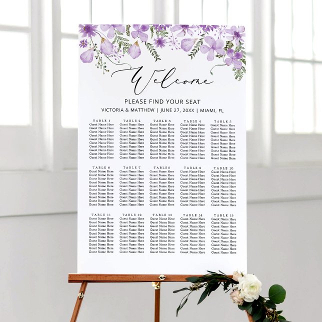 Boho Purple Flower 15 Tables Wedding Seating Chart (Creator Uploaded)