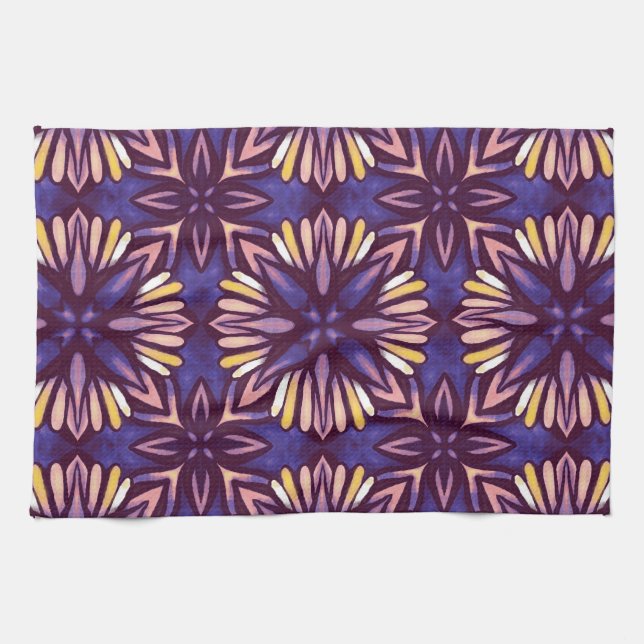 Boho Purple Flower Pattern - Dark Floral Aesthetic Tea Towel (Horizontal)