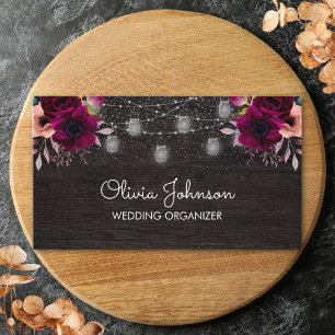 Boho Purple Flower String Light Black Wooden Business Card