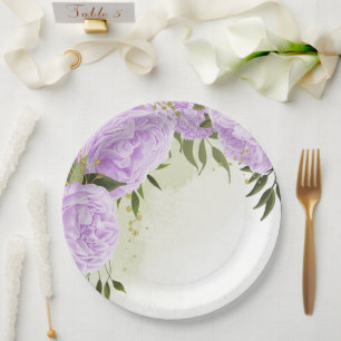 Boho purple flowers green leaves botanical paper plate