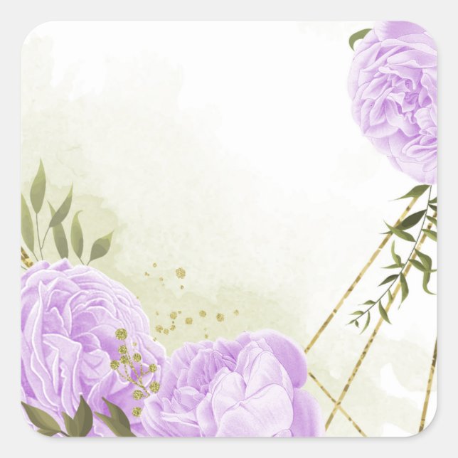 Boho purple flowers green leaves botanical square sticker (Front)