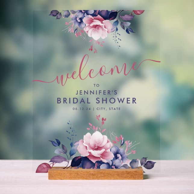 Boho Purple Garden Floral Bridal Shower Welcome Acrylic Sign (Neutral)