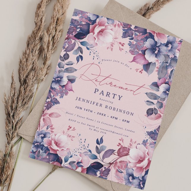 Boho Purple Garden Floral Retirement Party Blush Invitation (Boho Purple Garden Floral Retirement Party Blush Invitation)