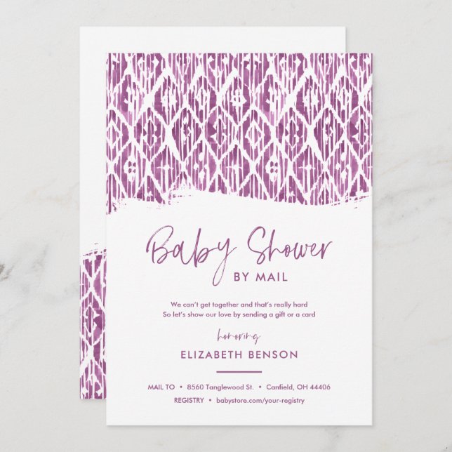 Boho Purple Ikat Baby Shower by Mail Invitation (Front/Back)
