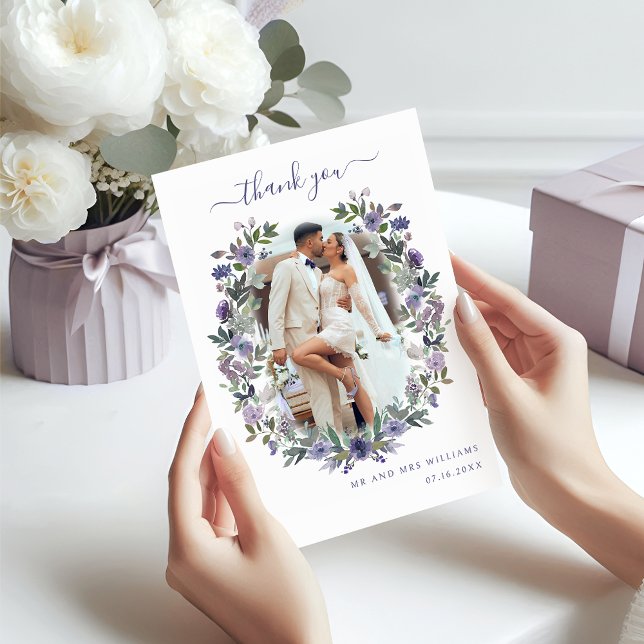 Boho Purple Lavender Floral Wreath Wedding Photo Thank You Card (Creator Uploaded)