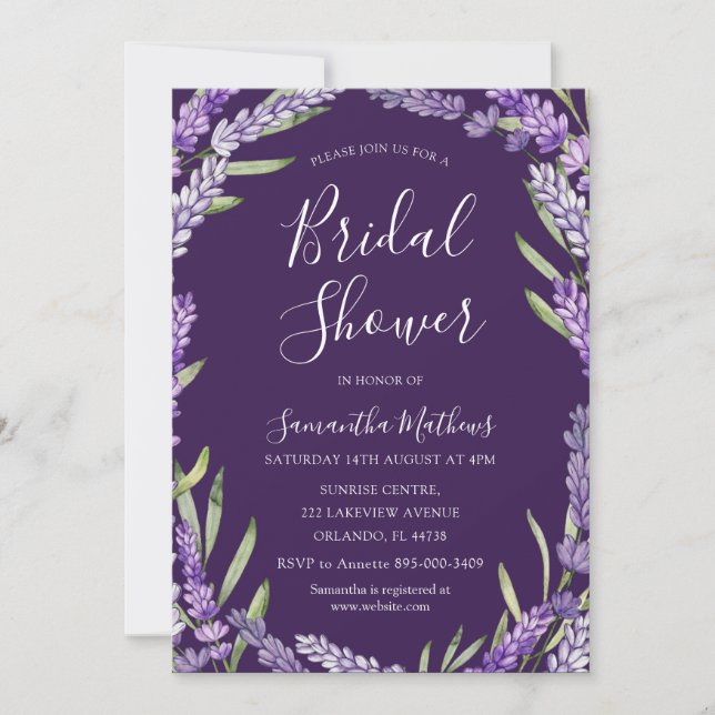 Boho Purple Lavender Watercolor Bridal Shower Invitation (Front)