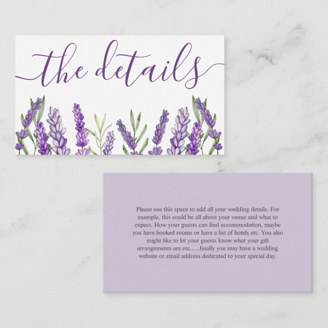 Boho Purple Lavender Wedding Details   Enclosure C Card (Front/Back)