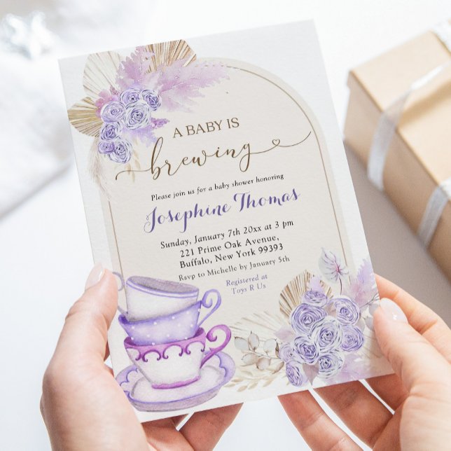 Boho Purple Lilac Floral Baby is Brewing Invitation (Creator Uploaded)
