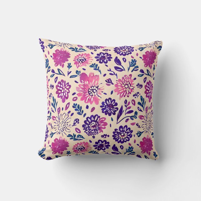 Boho Purple Ombre Floral Pattern Cushion (Front)
