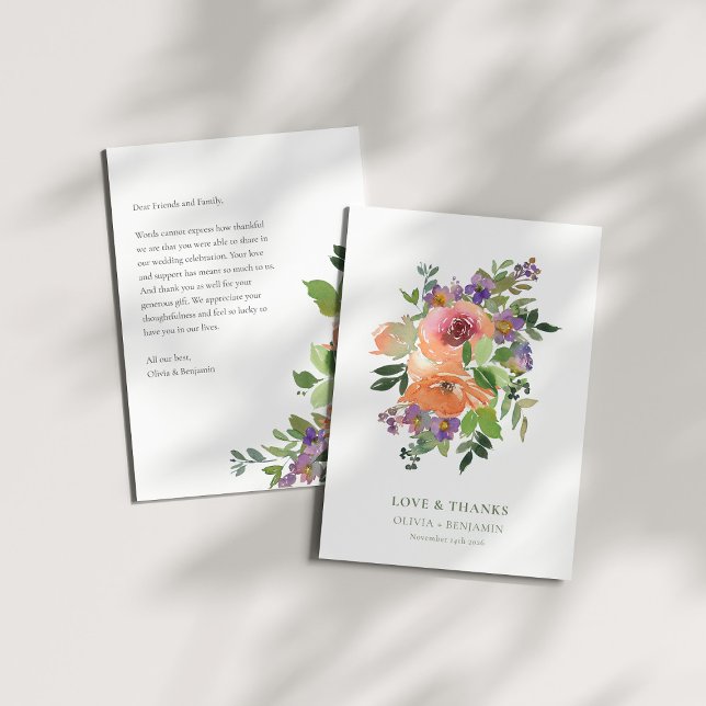 Boho Purple Orange Floral Wedding Custom Message Thank You Card (Creator Uploaded)