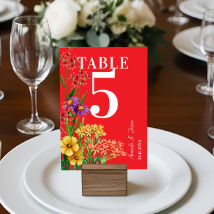 Boho Purple Orange Wildflower Wedding Table Number