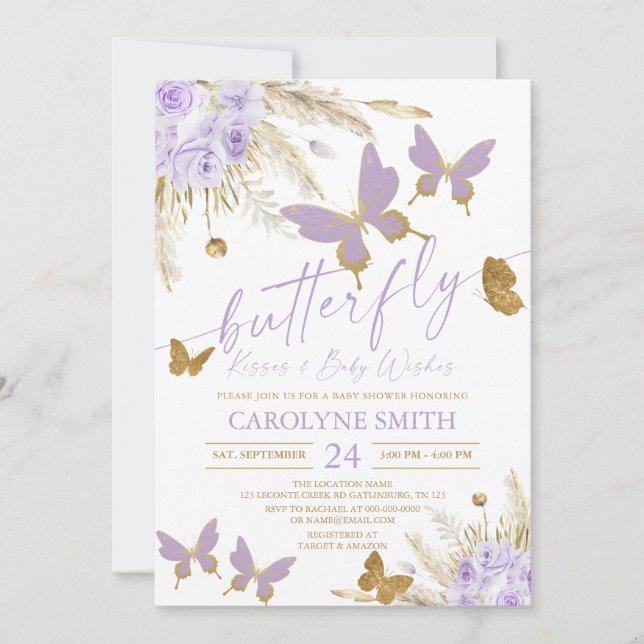 Boho Purple Pampas Grass Butterfly Kisses  Invitation (Front)