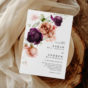 Boho Purple & Peach Flowers Wedding Invitation
