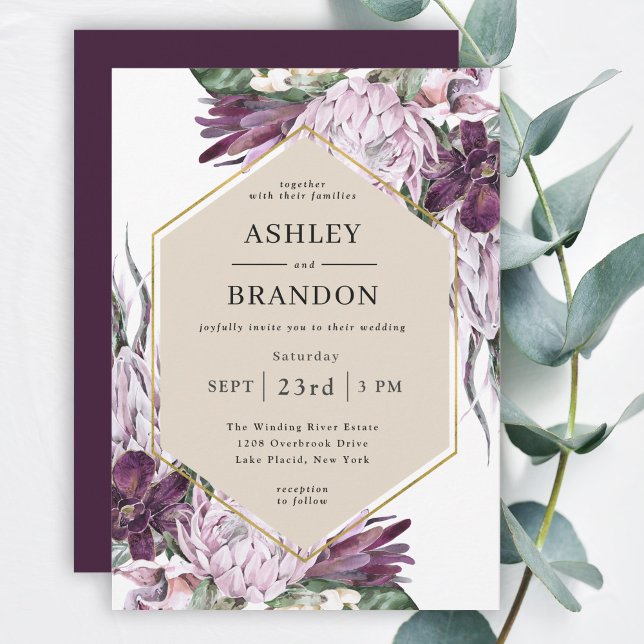 Boho Purple Plum Tropical Botanical Wedding Invitation (Creator Uploaded)