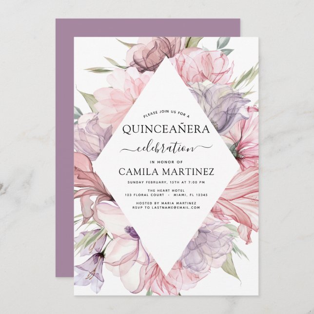Boho Purple Quinceañera Dusty Pink Floral Invitati Invitation (Front/Back)