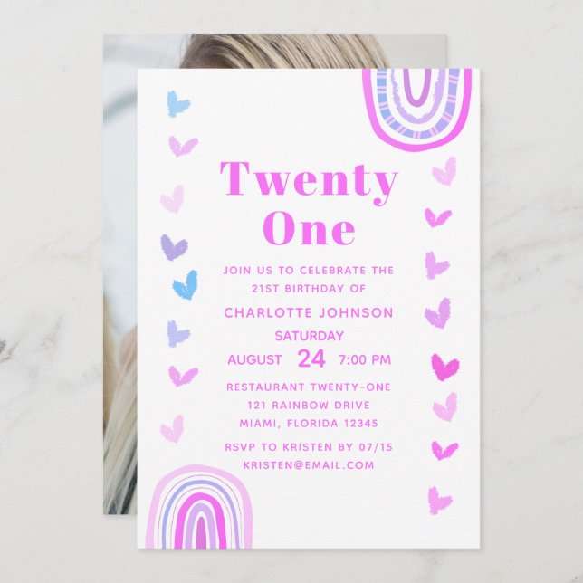 Boho Purple Rainbow Modern 21st Birthday Party Invitation (Front/Back)