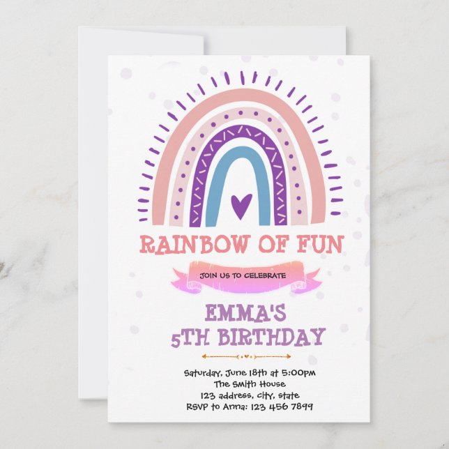 Boho purple rainbow theme invitation (Front)