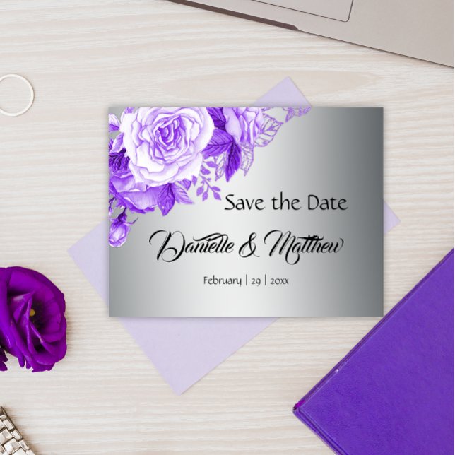 Boho Purple Rose Bouquet Silver Wedding RSVP Announcement Postcard (Creator Uploaded)