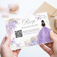 Boho Purple Silver Floral Butterfly Quinceañera QR